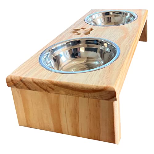 Comedouro Duplo Pet Bebedouro Cachorro Gato Elevado 2 Pote Inox Madeira