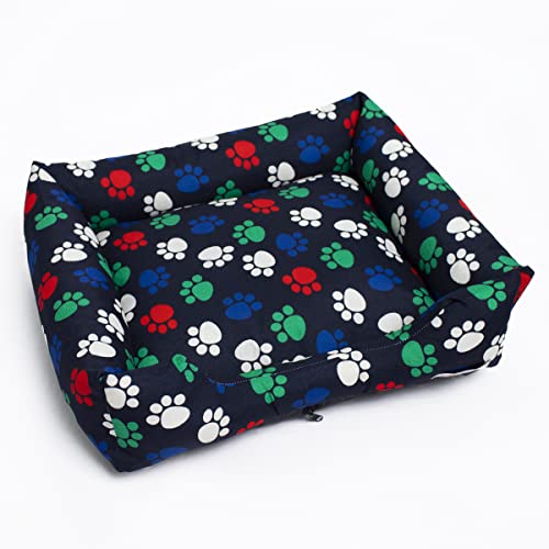 Cama Caminha Pet para Cachorro e Gatos Porte Pequeno com Zíper Capa Removível para Lavagem Fundo Emborrachado Enchimento Antialérgico Premium (Patinhas Azul Marinho)