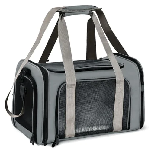 Bolsa Transporte Pet Ventilação em 4 lados 42 * 26 * 27 cm Não Se Deforma Facilmente Bolsa Transporte Pet Avião com Zíper liso Portátil + Bolsa de Mão Python Fly Cinza