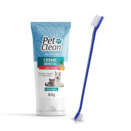 Kit Escova de Dente e Creme dental Tutti Frutti Pet Clean 60g Previne Mau Hálito Tártaro Saude Bucal de Cães e gatos