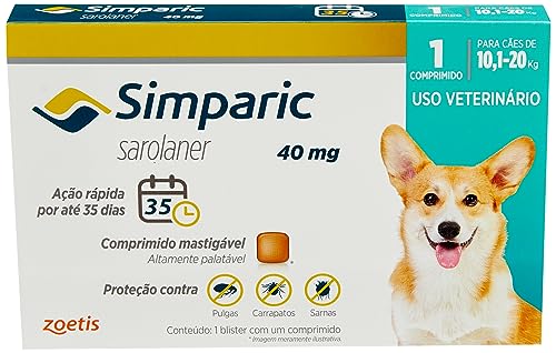 Simparic 40mg, 10,1 até 20kg, 1Cp Zoetis para Cães