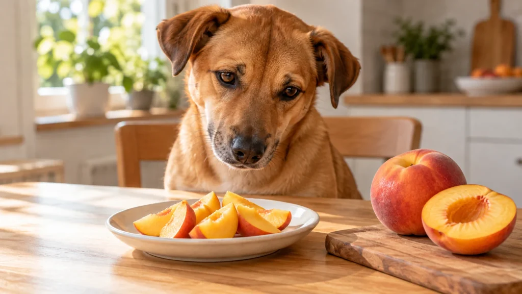 Cachorro caramelo olhando fatias de pêssego sem caroço em um prato branco, com um pêssego inteiro e outro cortado ao meio ao lado