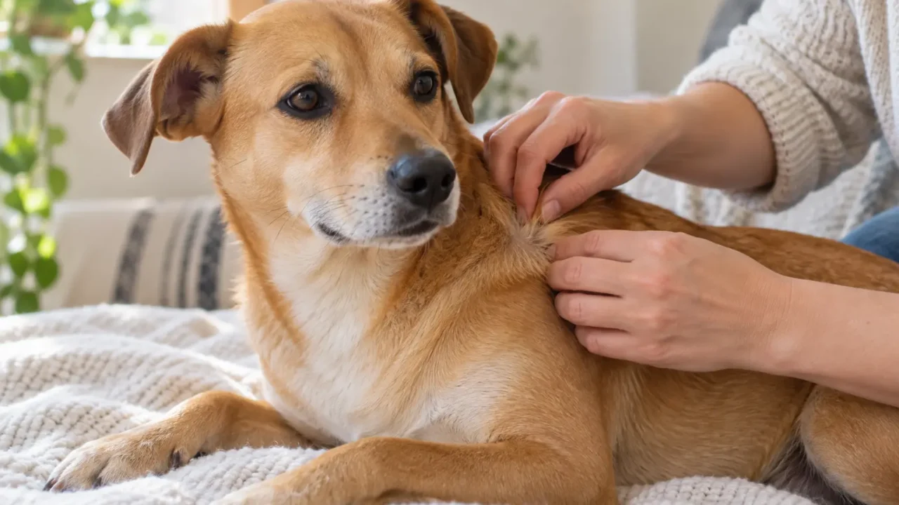 Pessoa afastando os pelos do pescoço de um cachorro caramelo para observar a pele.