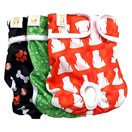Fralda Cachorro Fêmea Reutilizáveis 3 Pcs Petting Is Caring - Materiais Duráveis ​​Solução lavável na máquina para incontinência de animais de estimação e viagens longas (NEW DESING, S)