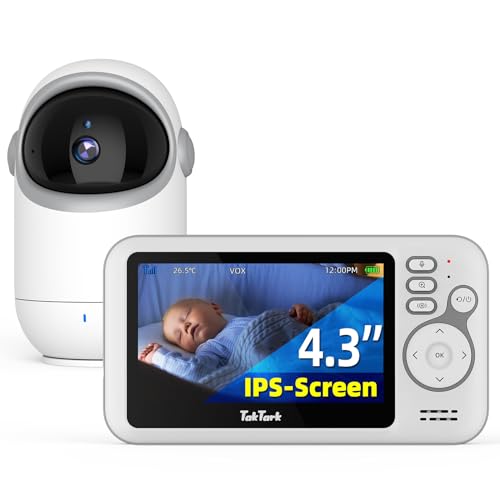 TakTark Babá Eletrônica Câmera, 4.3" Monitores de Câmara de Vídeo, Pan & Tilt, 2 Way Audio, Visão Nocturna, Zoom Digital, Decoração Sonora VOX, Ideal para Novos Pais