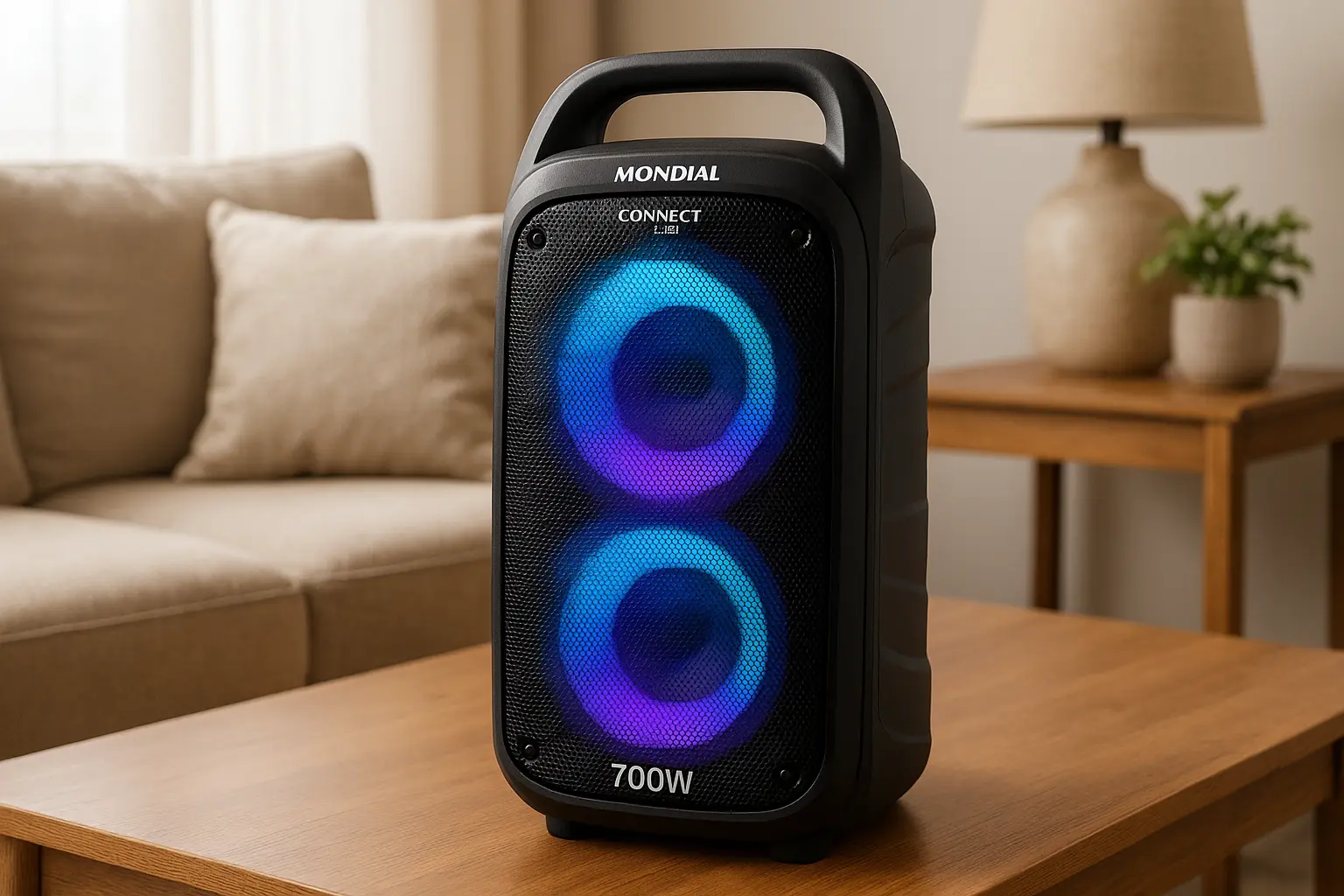 Caixa de Som Mondial Connect Lights Plus 700W: Potência e Portabilidade
